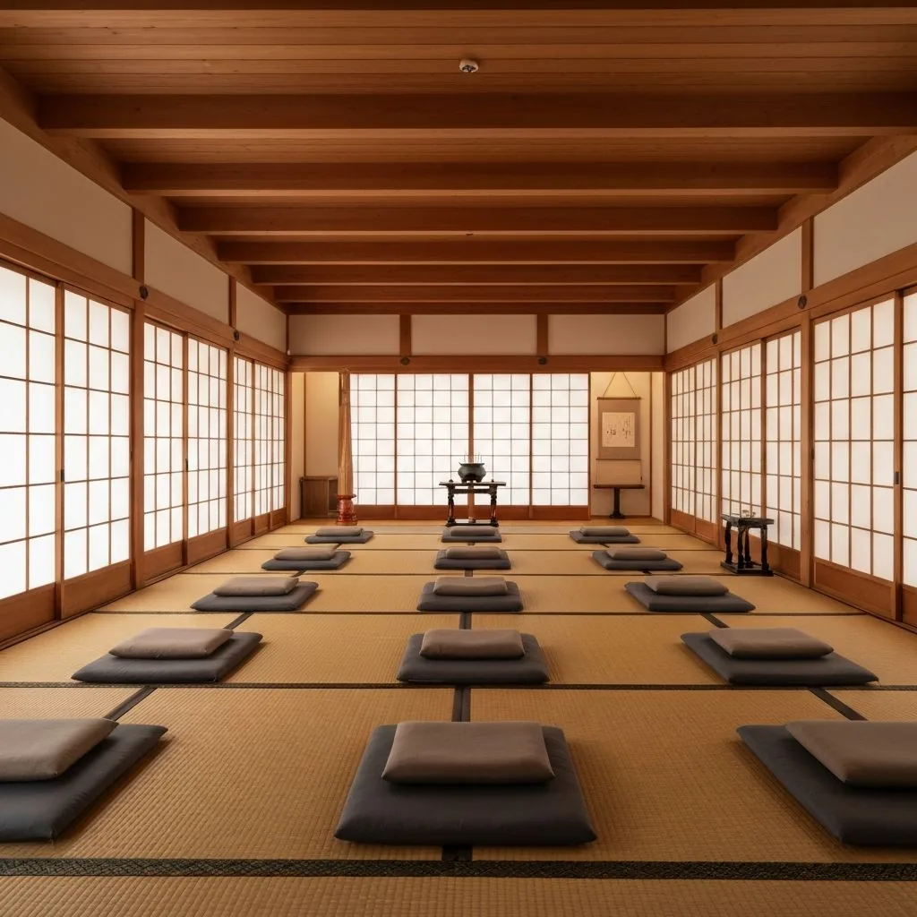 Zen meditation hall interior with wooden beams and meditation cushions arranged for zazen practice
